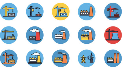 Industrial Factory Icons Set in Circles.