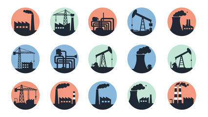 Industrial Icons Representing Various Factory Types.
