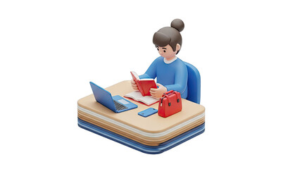 3D Character Reading Book at Desk with Laptop and Briefcase