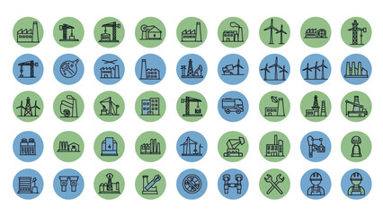 Collection of Various Industrial Icons in Circles.