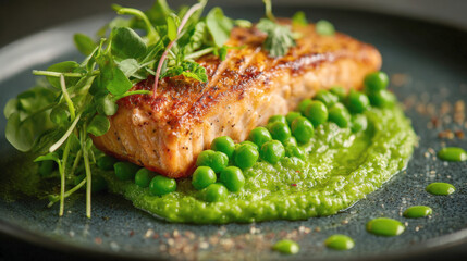 Gourmet Pan-Seared Salmon Fillet Served on a Vibrant Green Pea Puree Bed Garnished with Fresh Garden Peas, Microgreens for High-End Gastronomy Fine Dining Restaurant Menu Food Photography Background