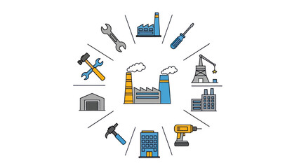 Industrial Icons and Tools Arrangement Circle.