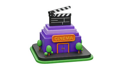 3D Cinema Building with Clapperboard and Trees