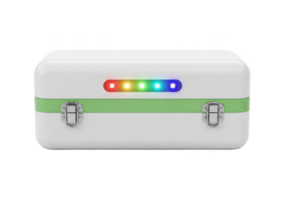 White rectangular box with green stripe and colorful led lights isolated on transparent background