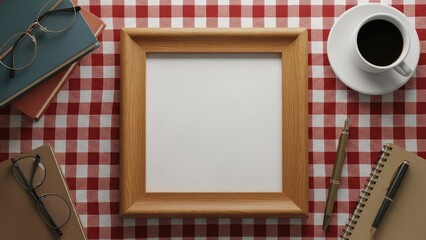 Flat Lay With Empty Frame Books Coffee Pen and Notebook Red Checkered Tablecloth.jpg