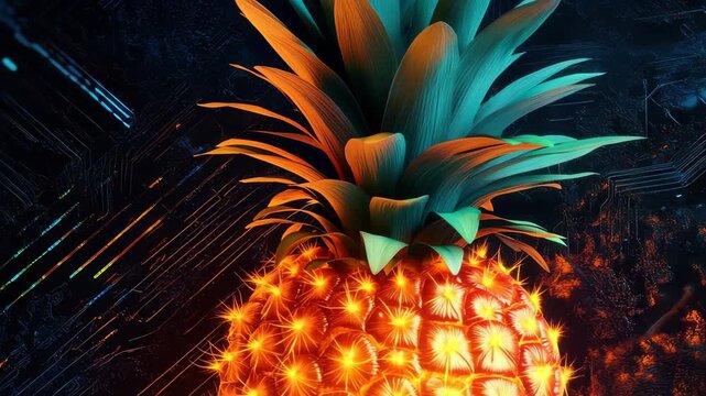 Bright Pineapple Amidst a Digital Backdrop With Glowing Accents Showcasing Modern Technology and Natural Beauty