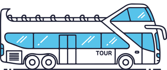 A modern double-decker tour bus vector with blue windows and an open-top upper deck. This clean line art icon represents travel, city sightseeing, and public transportation services.