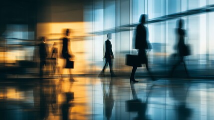 Fototapeta premium Silhouettes of business people walking quickly through a modern office building with a blurred motion effect