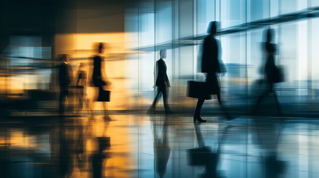 Silhouettes of business people walking quickly through a modern office building with a blurred motion effect