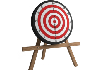 Dartboard on a wooden stand with numbered targets and red bullseye, perfect for gaming and entertainment purposes isolated on transparent background
