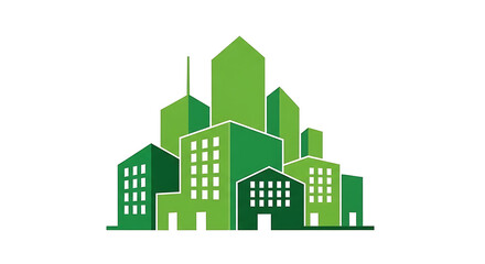 A vibrant green cityscape with modern buildings and urban architecture