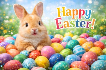 Festive &ldquo;Happy Easter!&rdquo; lettering with fluffy rabbit and glittering eggs