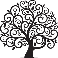 Fototapeta premium Vector tree silhouette set featuring black floral ornaments and vintage nature elements with swirl leaf decorations in a curly plant illustration art style