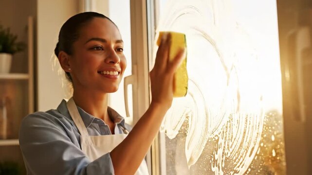 Woman cleaning a window with a sponge, creating soapy patterns against bright sunlight. Home maintenance and domestic chores concept for spring cleaning.