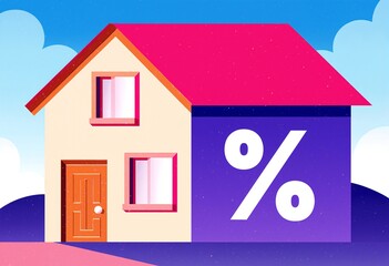 A house illustrated in vivid colors alongside a percentage symbol, embodying concepts related to real estate and finance