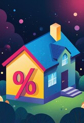 A house illustrated in vivid colors alongside a percentage symbol, embodying concepts related to real estate and finance