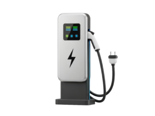Modern electric vehicle charging station with digital display and sleek design isolated on transparent background