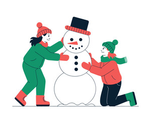 Joyful children building a snowman together on a winter day, celebrating the season