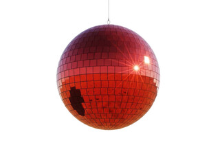 Fototapeta premium Vibrant red disco ball hanging from a string, reflecting light and adding a touch of glamour to any setting isolated on transparent background