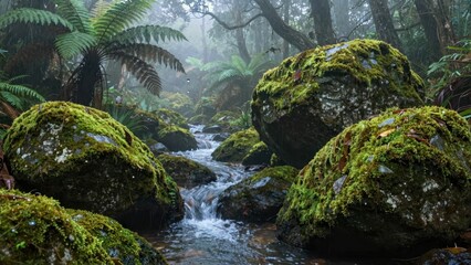 Mossy rocks and stream in misty forest
