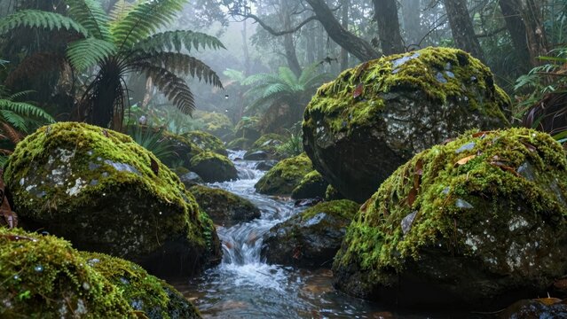Mossy rocks and stream in misty forest - Powered by Adobe