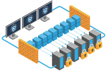 Fototapeta premium Secure network infrastructure with firewalls and locked servers protecting digital data