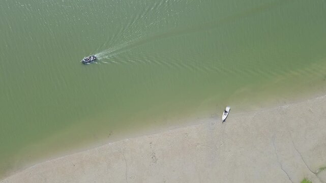Ariel view of boat on Indus river Sindh Pakistan 