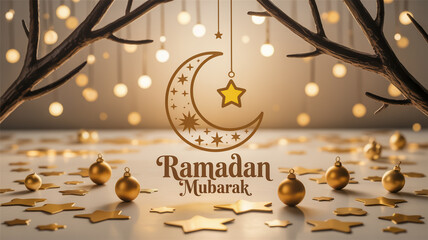 Golden Ramadan Mubarak greeting with crescent moon star and festive decorations