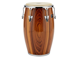 High-quality wooden conga drum with intricate grain pattern and silver hardware isolated on transparent background