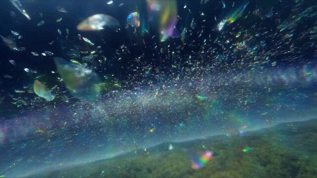 3D colorful microplastic fragments floating air, drifting glowing aurora lights, sunlight reflecting fragments, high contrast natural environment pollution, ethereal atmospheric lighting, cinematic 4k