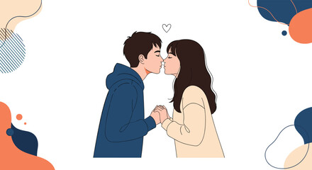 Obraz premium Romantic young couple holding hands and kissing tenderly against a simple white background with colorful abstract elements.