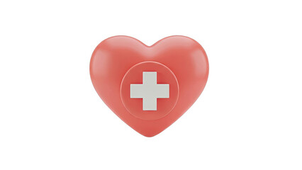 3D Render of a Red Heart with a Medical Cross Icon