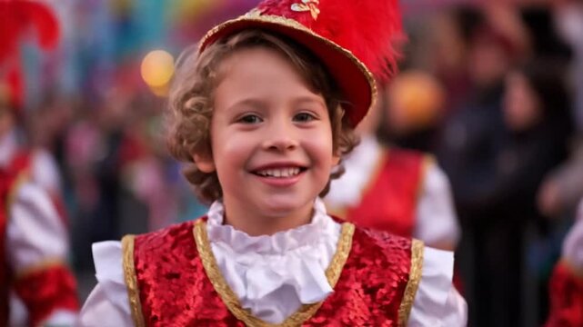 Happy young boy in festive red costume and feathered hat at a vibrant parade