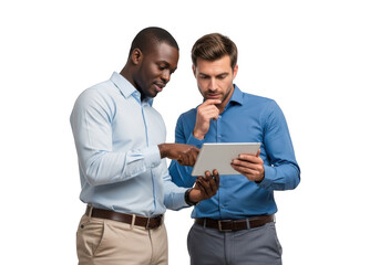 Two businessmen collaborating and discussing on a digital tablet together, standing and looking at the screen with a thoughtful expression isolated on transparent background