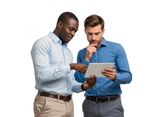 Two businessmen collaborating and discussing on a digital tablet together, standing and looking at the screen with a thoughtful expression isolated on transparent background