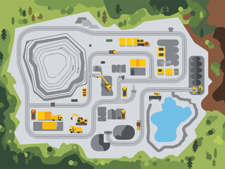 Overhead view of a surface mining operation with heavy machinery and industrial structures © aprian