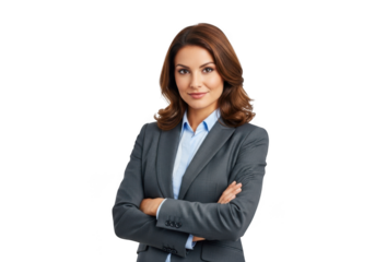 Confident businesswoman standing with arms crossed, wearing a gray suit and blue shirt, isolated on transparent background