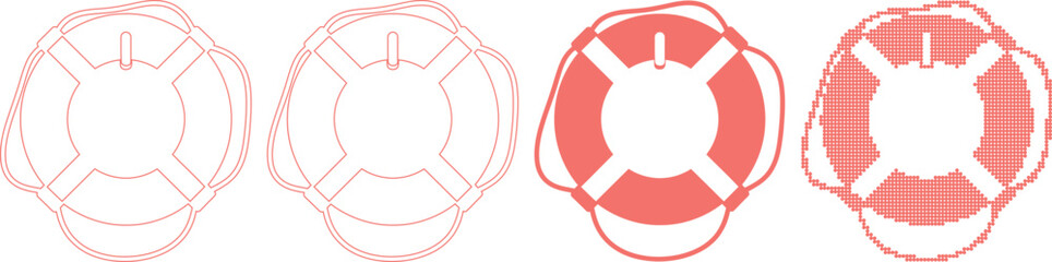 Four Different Lifebuoys with Rope Handles in Various Design Styles and Colors © MDABDUS
