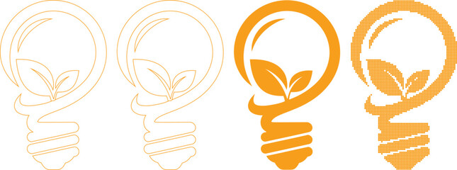 Obraz premium Four different orange light bulb icons with leaf inside