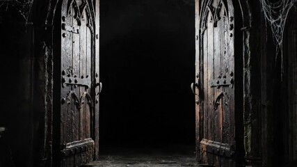 Gothic wooden doors opening dramatically to reveal a dark and mysterious interior space with a cinematic feel