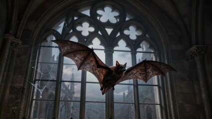 Bat flying through gothic cathedral windows