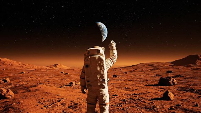 Astronaut on mars observing distant planet