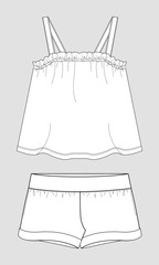 Fashion Flat Sketch Ruffled Camisole and Cuffed Shorts