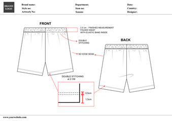 Technical Flat Sketch and Specification Sheet for Elastic Waist Shorts template