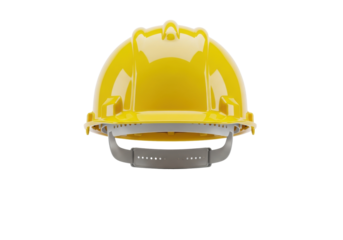 pristine safety yellow construction hard hat, glossy plastic details, isolated on transparent background with copy space, high-key studio lighting. concept of industrial safety and ppe regulation