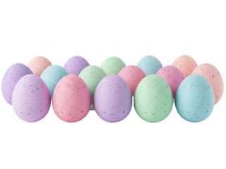 Vibrant pastel easter eggs in various colors arranged in a row isolated on transparent background