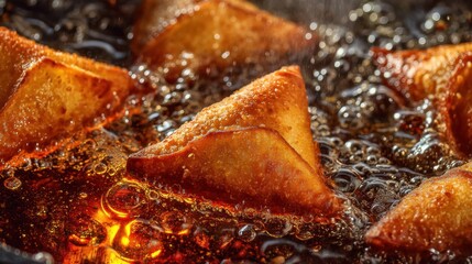 Golden samosas frying in hot oil with bubbles in close-up view.