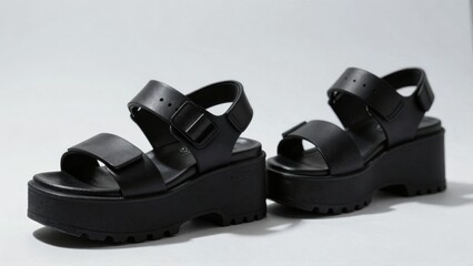 Black platform sandals on white background