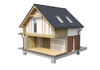 Hyper-detailed 3d architectural cutaway of a modern two-story residential house revealing structural layers, brickwork, insulation, and slate roof on white background. Concept of engineering