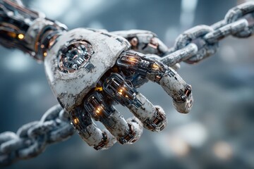 Robot hand secures blockchain digital ledger innovations for transactions and data management in a decentralized network system